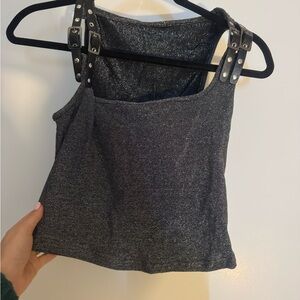 Sparkle Black Metallic Tank Top with Buckle Straps
